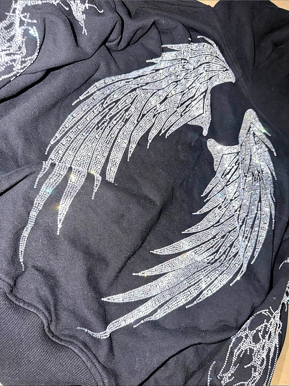 Black angel wing zip up sweater rhinestoned wings Like New